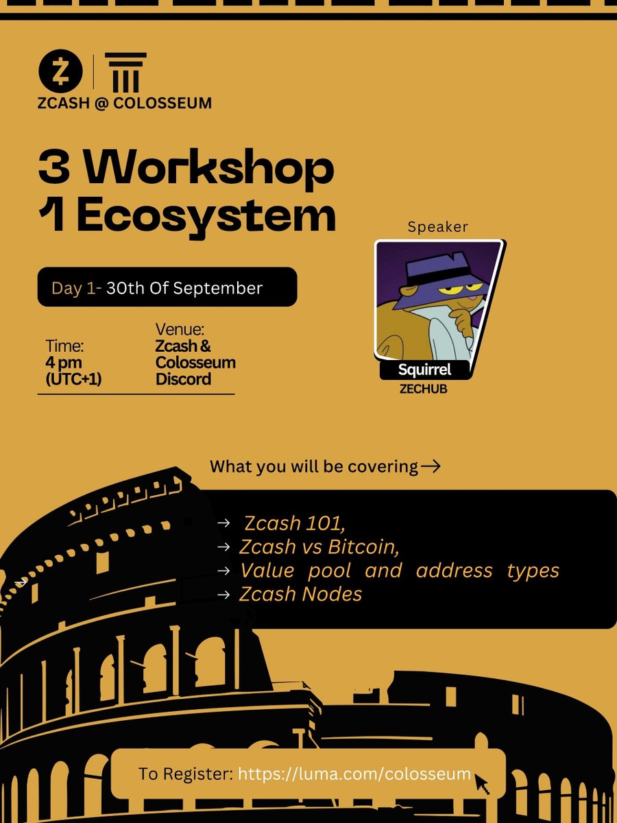 thedrekal's tweet photo. Zcash 101: First Workshop at Crypto World’s Fair 

We’re kicking off the @Zcash  @ @colosseum  workshop series with Zcash 101, our first session for builders exploring the Zcash ecosystem.

In this session, @zksquirrel  from @ZecHub  will walk  us through:

→ Zcash 101
→ Zcash vs Bitcoin
→ Value pools & address types
→ Zcash Nodes
The goal is to give builders a clear foundation before diving deeper into Zcash architecture, developer tooling, wallets, and payments in the following sessions.

📅 September 30
🕓 4 PM UTC+1
📍 Zcash & Colosseum Discord
If you're building in the Crypto World’s Fair or simply want to understand what Zcash offers developers, this is a good place to start.

 We are hosting these workshops as part of Zcash builder track for the colosseum hackathon. 

🔗 Register: https://t.co/dGaCqDuXJy

Learn the fundamentals. Understand the ecosystem. Then start building.