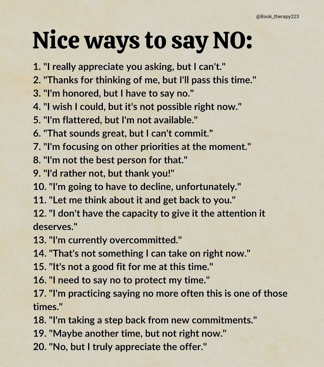Book_therapy223's tweet photo. Nice ways to say NO: https://t.co/GEdHKZooNH