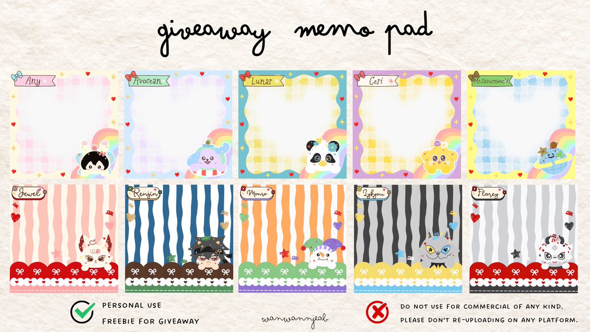 wanwannjeab's tweet photo. Thanks for kindly rt before use.

Giveaway Memo pad.
𐙚⋆˚✿˖°☆

Personal use and freebies for giveaway only.
‼️Please read details in mention naka.‼️

 ⋆୨୧˚ https://t.co/8OJ1TETp9P https://t.co/zXSyYGWFxC