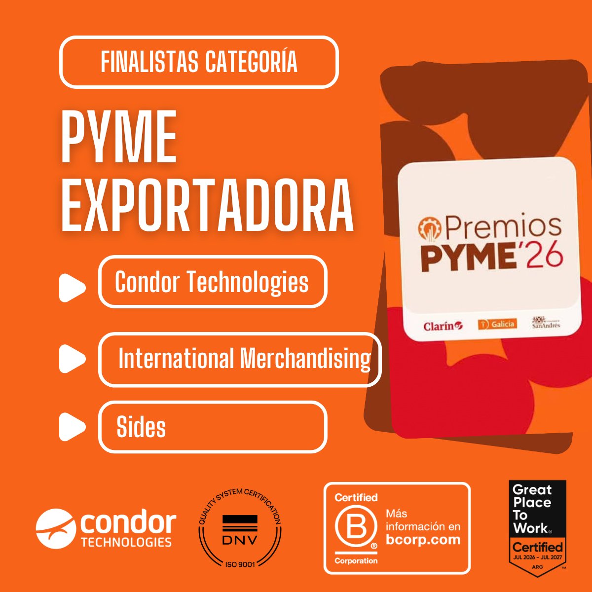 Condortech's tweet photo. 🚀 ¡Gran noticia! Somos FINALISTAS de los #PremiosPYME2026 en la categoría PYME Exportadora 🌍🇦🇷

Un orgullo para todo el equipo de @Condortech este reconocimiento de @clarincom, @BancoGalicia y @UdeSA.

📅 Definición: 6 de octubre

🔗 https://t.co/bZcfzn5j9Q https://t.co/fEarwSOKFh