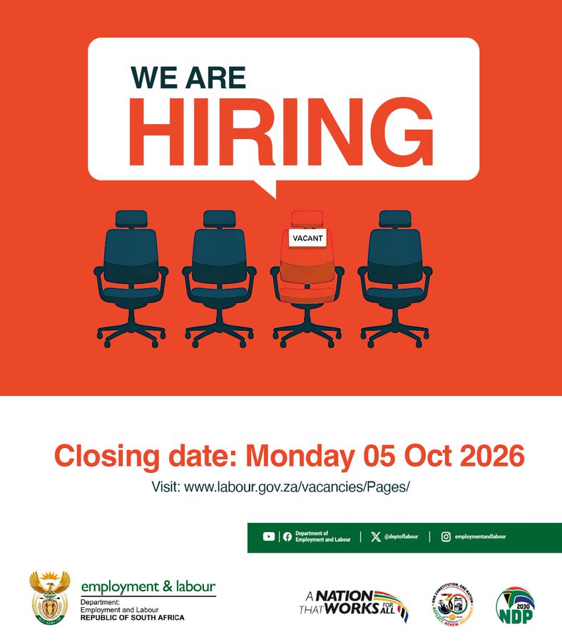 GovernmentZA's tweet photo. 📢 LOOKING FOR NEW OPPORTUNITIES?

Check the Department of Employment and Labour website for the latest job vacancies and submit your application before the deadline on 5 October 2026.

👉 https://t.co/Bdhvk2RPz8 

#GovZAUpdates https://t.co/x5dd8nN6rd