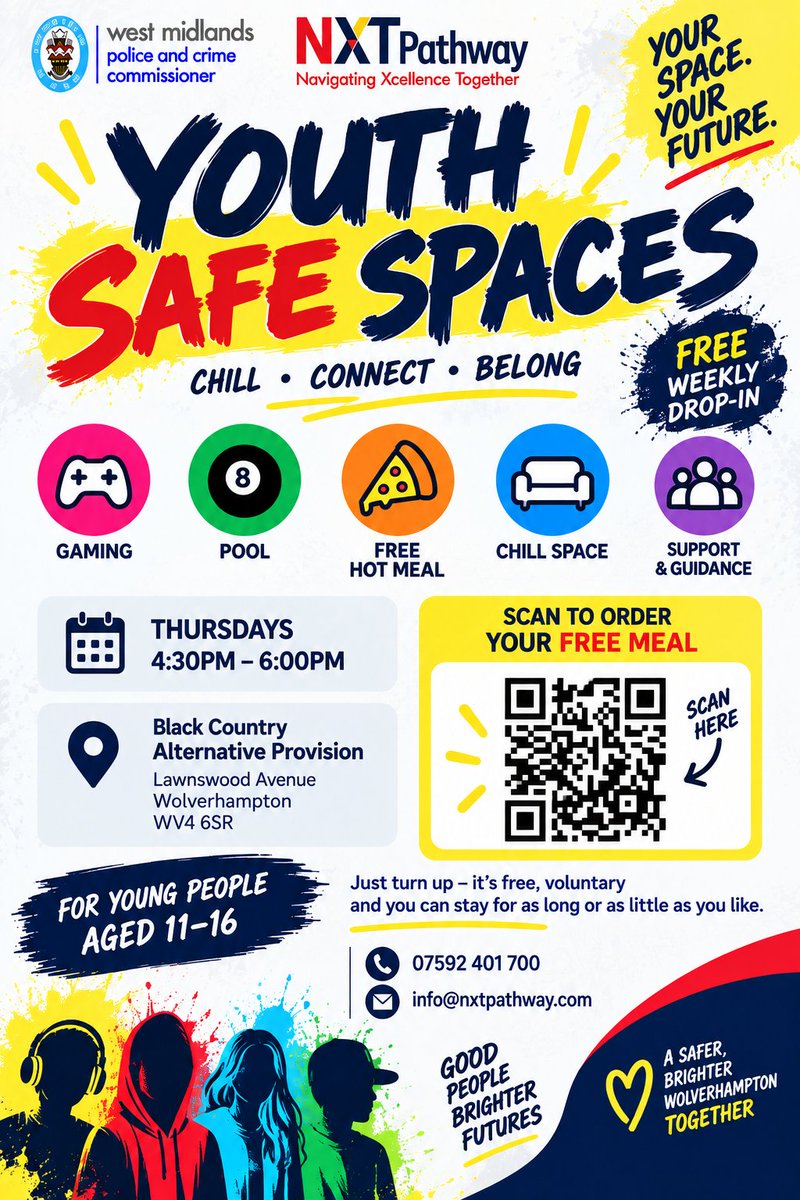 W_tonFamilyHubs's tweet photo. Youth Safe Spaces is a new FREE weekly club for young people in Years 7-11, ages 11-16. 

Activities including gaming &amp; pool plus an optional free hot meal. 

The first session is this Thurs 1 Oct, 4.30-6pm, at Black Country Alternative Provision, Lawnswood Ave, WV4. https://t.co/uLZPZ8ZMfi