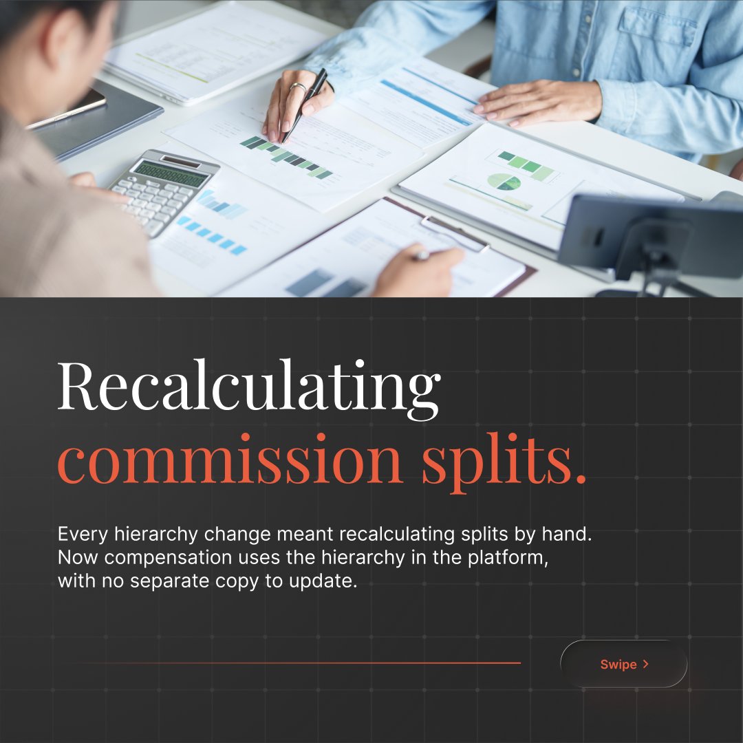 2basetech's tweet photo. Every hierarchy change meant recalculating commission splits by hand. We built platform that calculates compensation from hierarchy itself. No separate copy to keep in sync. 

What step would you remove before automating it?
https://t.co/qMQ7ia37tU

#InsurTech #2basetechnologies https://t.co/OYWhbuFCdR