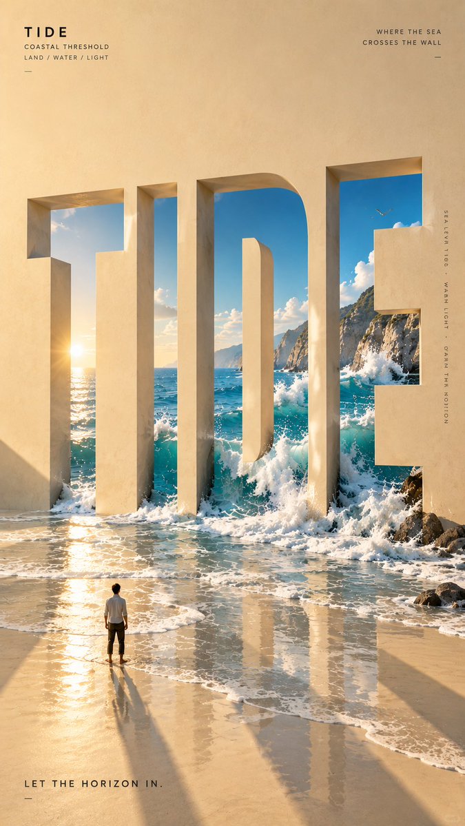 MrLarus's tweet photo. 🤯 Images 2.5 turned giant words into physical worlds!

Wind, water, trees, and light break through the typography.

1. WIND: fabric in motion  
2. TIDE: waves break through  
3. GROW: tree through type  
4. LIGHT: sunlight through letters  

✨ Great for poster design, visual experiments, and typography inspiration!

Prompts in replies 👇