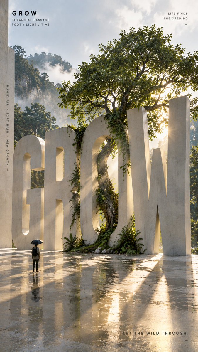 MrLarus's tweet photo. 🤯 Images 2.5 turned giant words into physical worlds!

Wind, water, trees, and light break through the typography.

1. WIND: fabric in motion  
2. TIDE: waves break through  
3. GROW: tree through type  
4. LIGHT: sunlight through letters  

✨ Great for poster design, visual experiments, and typography inspiration!

Prompts in replies 👇