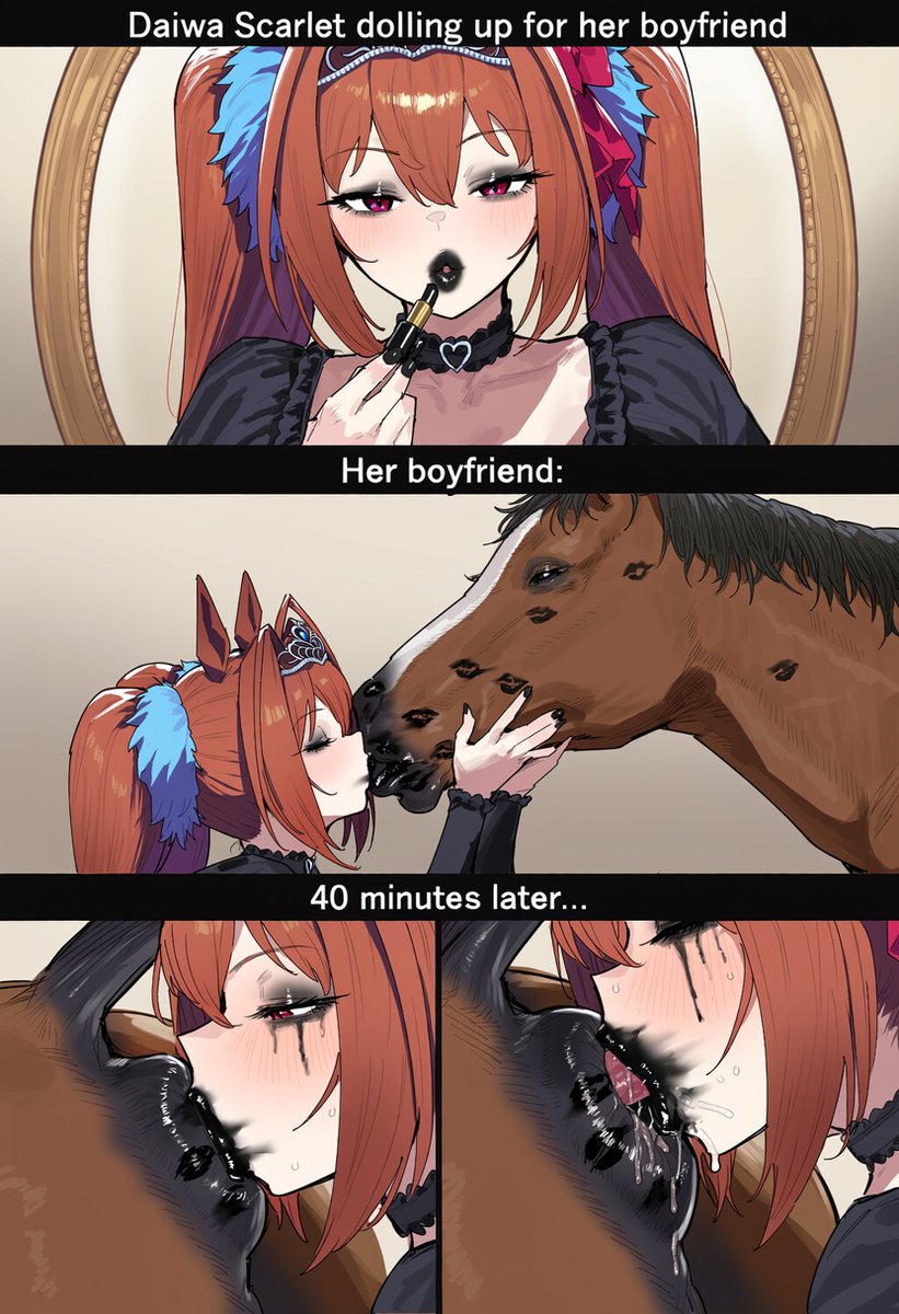KumquatMcGee's tweet photo. Another horse rimming request lmao

This time Daiwa Scarlet's boyfriend (🐴) prefers her goth https://t.co/qo0leSZft7