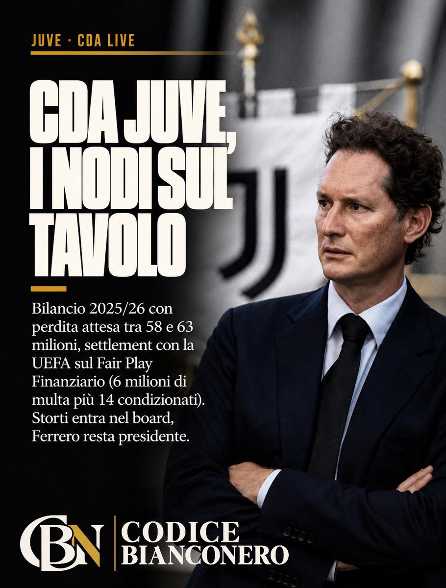 CodBianconero's tweet photo. CdA in corso alla #Continassa, e qualche tassello comincia a comporsi.

Sul tavolo il bilancio 2025/26, con una perdita attesa tra i 58 e i 63 milioni e nessuna ricapitalizzazione in vista. Il capitolo più concreto arriva dal #FairPlayFinanziario: raggiunto un settlement con la #UEFA per un triennio, 6 milioni di multa già fissati e altri 14 legati al rispetto dei parametri nei prossimi anni. Nel board entra ufficialmente Marina #Storti, mentre sulla presidenza, per ora, #Ferrero resta al suo posto.

E il sogno #DelPiero? Resta tale, almeno finché a parlare sono le carte e non le suggestioni. CBN segue l'assemblea passo passo.
👑

#Juventus #JuventusCdA #FFP #FinoAllaFine