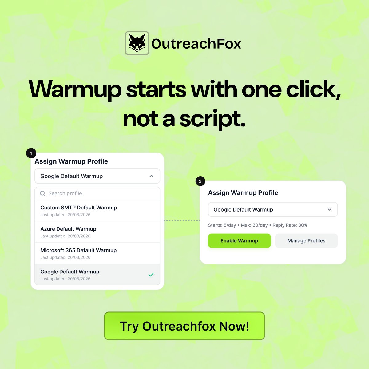 Outreachfox's tweet photo. Go to Mailbox, select accounts, hit Enable Warm Up.
 
Pick your provider's profile, then Enable Warmer. 

Do it day one. 

New domain? Warm 14+ days before campaigns. Keep it on after launch, lower volume.

Try Now 🦊
https://t.co/O5hE6QbBtd https://t.co/uQ929QCp2Y