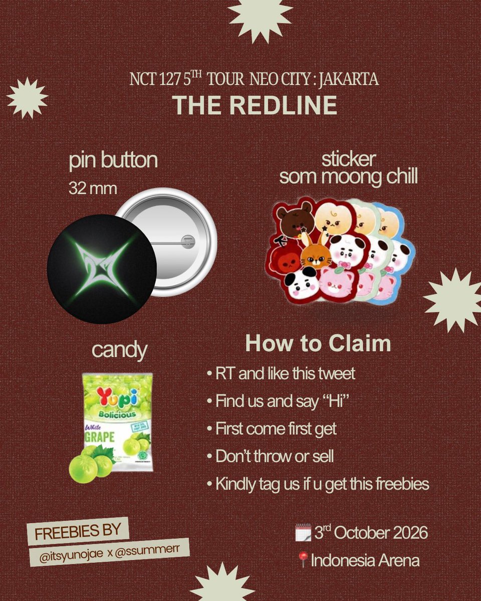 ssummerr's tweet photo. ₊˚ʚ 🌱 NCT 127 THE REDLINE IN JAKARTA ₊˚✧ ﾟ. 
freebies by @itsyunojae x @ssummerr 

RT &amp; likes are appreciated ♥︎

🗓️ 03 October 2026
📍Indonesia Arena

‼️Limited quantity

See you everyone!! 🫶🏻

#NCT127 #THE_REDLINE_JAKARTA #NCT127_5TH_NEOCITY_THE_REDLINE https://t.co/sN5sAeSnrL