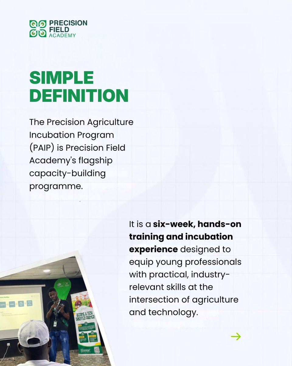 precisionfield_'s tweet photo. New to our community? Let us introduce you to PAIP.

A six-week, globally accredited incubation programme in drone tech, GIS, remote sensing, and data driven farming.

This slide will break down all the details.
Register now: https://t.co/mDqtv0XM4U

#PFA #PAIP #AgriTechAfrica https://t.co/YPxBIhAdxa