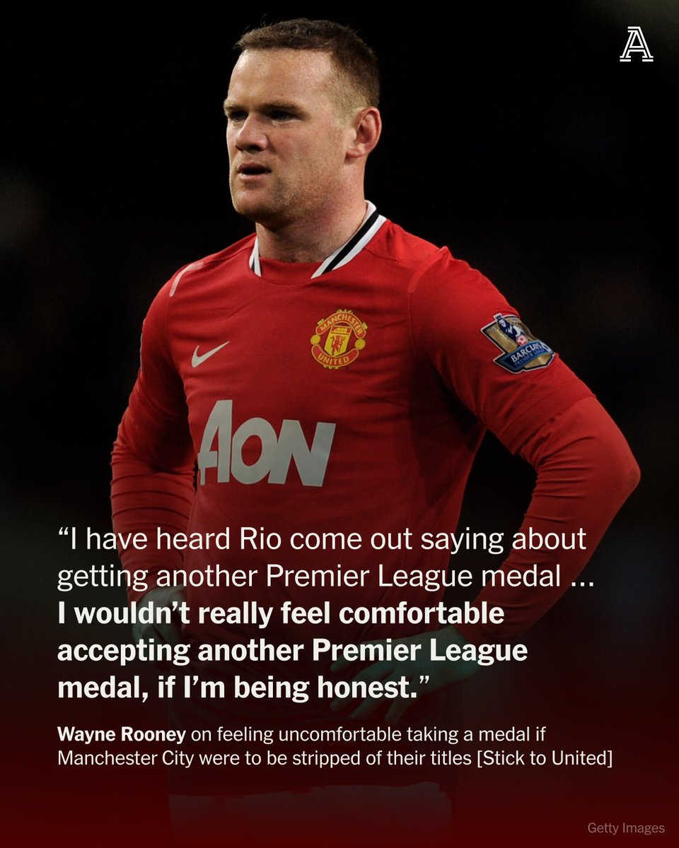 TheAthleticFC's tweet photo. Wayne Rooney said he “wouldn’t really feel comfortable” accepting another Premier League medal if rivals Manchester City were to be stripped of their titles after being found to have breached league rules.

“I have heard Rio come out saying about getting another Premier League medal … I wouldn’t really feel comfortable accepting another Premier League medal, if I’m being honest,” the 40-year-old said on the Stick to United podcast.

“I don’t think we deserve it, we didn’t do enough that season to win the league. I think we were six or seven points clear with four or five games to go and we threw it away.

“I’ve seen everything that has come out over the past few days and listening to people and I was putting myself in a Man City player’s shoes … they are doing everything to win a Premier League title and in their minds, they have done it, they have won the Premier League title.

“If there was a medal, I wouldn’t be comfortable taking it. I would be comfortable with it being taken off them, but I wouldn’t be comfortable accepting a medal for finishing second.”

More from @samjoseph_17 

🔗 https://t.co/sb4nCGHRjl