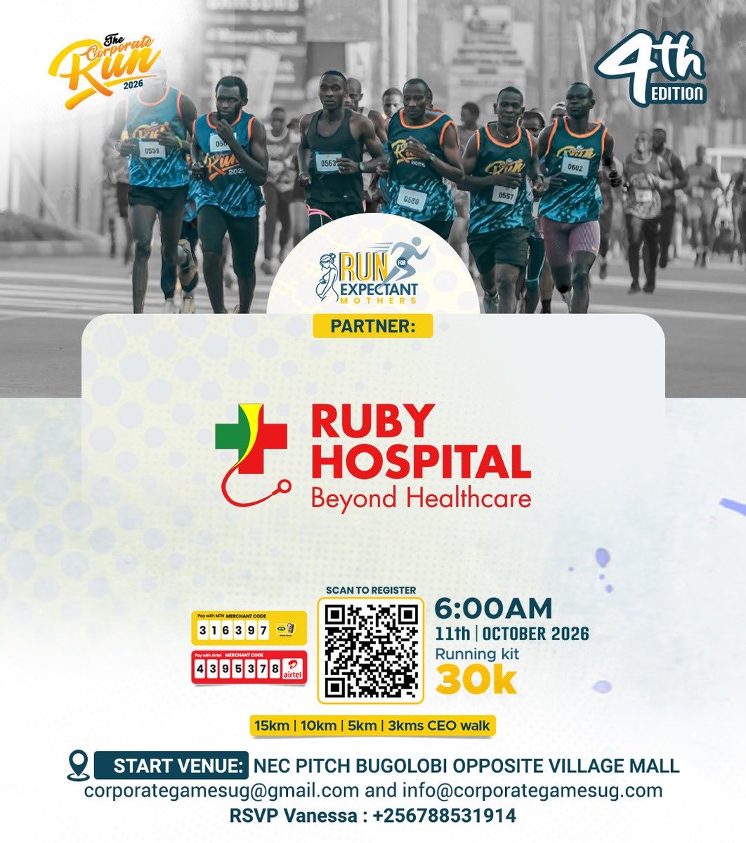 CorporateRunUg's tweet photo. Your health and safety on the track are in expert hands! We are honored to partner with Ruby Hospital as our official medical partner for The Corporate Run 2026!   

From emergency response standby to medical checkups at the finish line, Ruby Hospital is dedicated to ensuring every participant runs safely as we unite to support maternal healthcare across Uganda.   

1 Kit (UGX 30,000) = 1 Complete Mama Kit delivered to an expectant mother.   

Kit Pick-Up: The Maze Restaurant Forest Mall, Lugogo (9:00 AM – 5:00 PM Daily)
Race Day: Sunday, October 11, 2026 | 6:00 AM  
Venue: NEC Pitch, Bugolobi   

Lock In Your Kit: MTN: 316397 |Airtel: 4395378   
Online:https://t.co/BbiS13WCVh

#CorporateRun2026 #RunForExpectantMothers