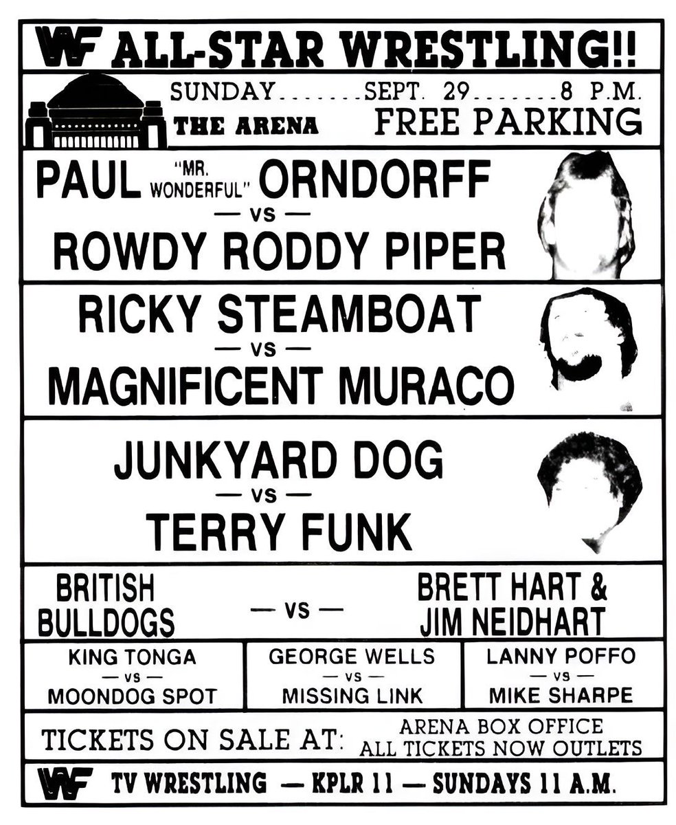 WWFWrestling1's tweet photo. On this day in 1985: WWF All-Star Wrestling at the Arena in St. Louis, Missouri. ๐คผ @R_Roddy_Piper @PaulOrndorffWWE #WWF #RoddyPiper #PaulOrndorff https://t.co/iNtXf4GmNQ