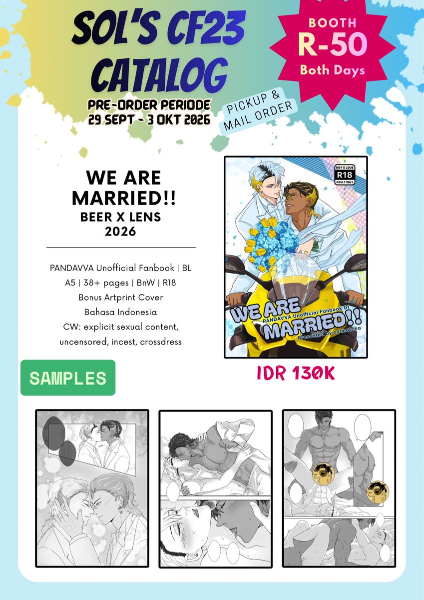 solmatcha's tweet photo. ❤️&amp;🔁 are appreciated

Sol’s #CF23 Catalog is here! ✨

📍: The Chill Beans (R-50) Both Days
📅: PO Periode (29 Sept-3 Oct)
🛍️: Pickup + Mail Order
📦: BL Fanbook, PC, Artprint, Standee, Button Pin
✨: PANDAVVA &amp; Daiya no Ace

[1/2]

#cf23catalog #comifuro23 https://t.co/Ht6qRcbHir