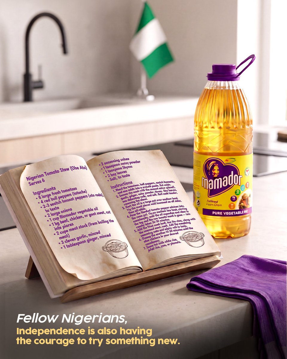 MamadorNg's tweet photo. What if trying something new is part of what keeps us moving forward? As Independence Day draws closer, let’s remember that a new Nigeria also starts with the courage to try something new.
#GoodOilGoodFood #MamadorCookingOil https://t.co/E0xqjk5QyE