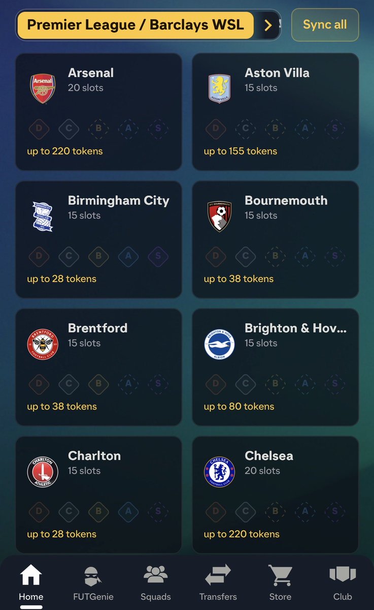 TheFUTCapital's tweet photo. Using this FUT genie gallery section to buy all the cards you need is a cheat code 👽

Saves so much time. Already on 1800 tokens 🏅 https://t.co/8eqY6daO6q