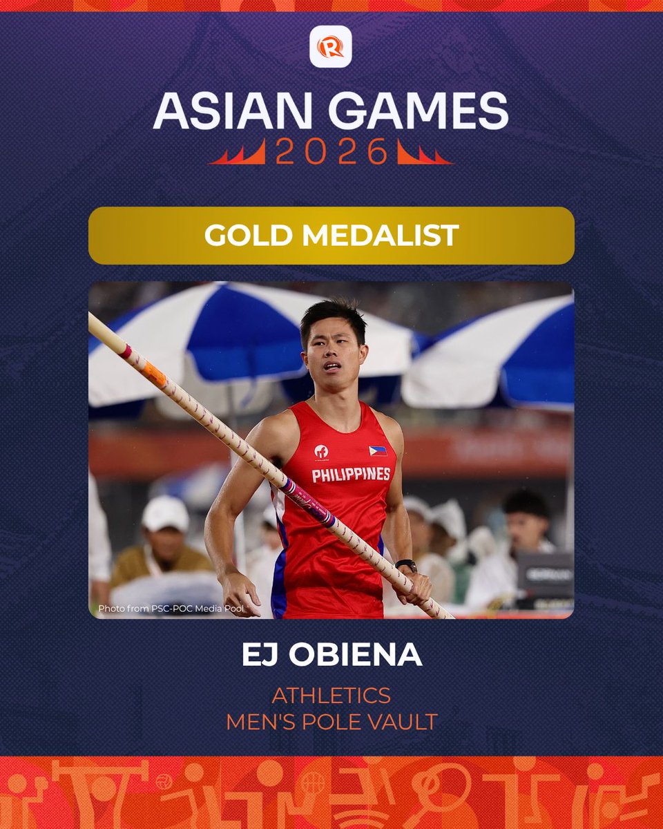 rapplerdotcom's tweet photo. GOLDEN RECORD 🏆

EJ Obiena shatters his own Asian Games record as he defends his throne in the men's pole vault on Tuesday, September 29, delivering the Philippines' third gold medal in this edition. 

Obiena clears 5.91 meters to break his previous mark of 5.90m, which he set when he won his first Asian Games title in 2023.
