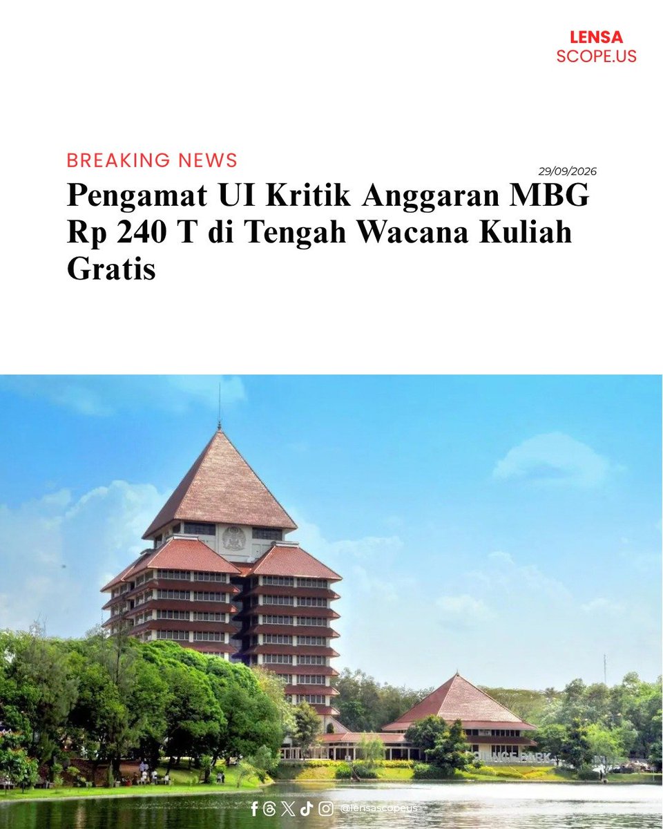 Lensa_scopeus's tweet photo. Pengamat Universitas Indonesia mengkritik alokasi anggaran program Makan Bergizi Gratis sebesar Rp240 triliun karena dinilai kontradiktif dengan wacana kuliah gratis di PTN. 

#jagaindonesia https://t.co/EHMde9e966