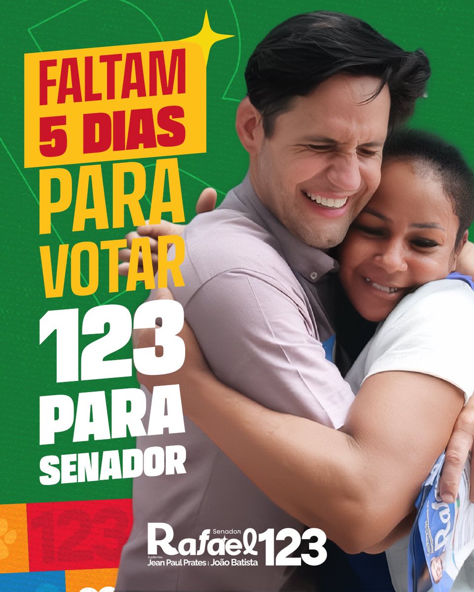 RafaelMottaRN's tweet photo. Bom dia ☀️ para quem está acompanhando a nossa contagem regressiva! Passando para lembrar que só faltam 5 dias para votar 1️⃣2️⃣3️⃣
#RafaelSenador #SenadordeLula #TimedeLula #Vote123 https://t.co/BL9IOZiy7s