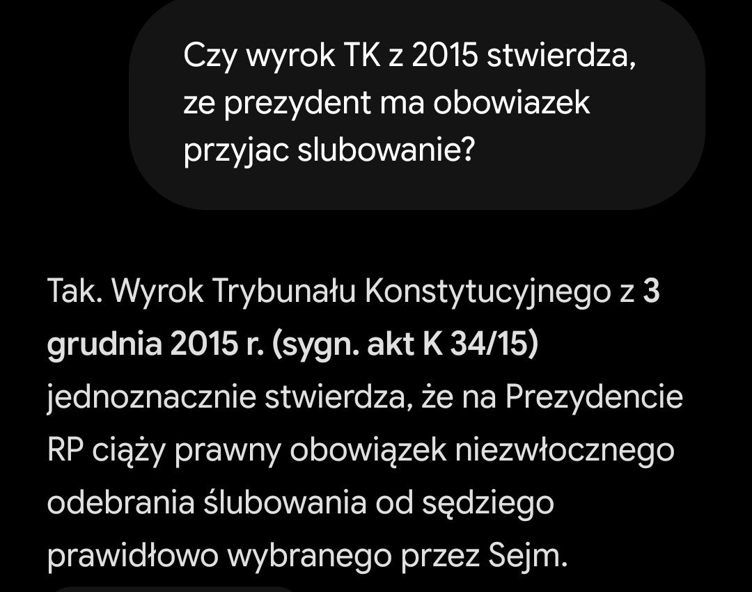 ketrab_g's tweet photo. @PrzykazDnia @PZgorzelskiP To dopiero będzie bezprawie... Proszę wskazać ten fragment wyroku, który dopuszcza taką możliwość. Wyrok stwierdza, że prezydent ma obowiązek przyjąć ślubowanie i nie stwierdza żadnego czynnego udziału w procesie. Prezydent nie ma prawa weryfikować tego doświadczenia. https://t.co/CQRPkuUq3Z
