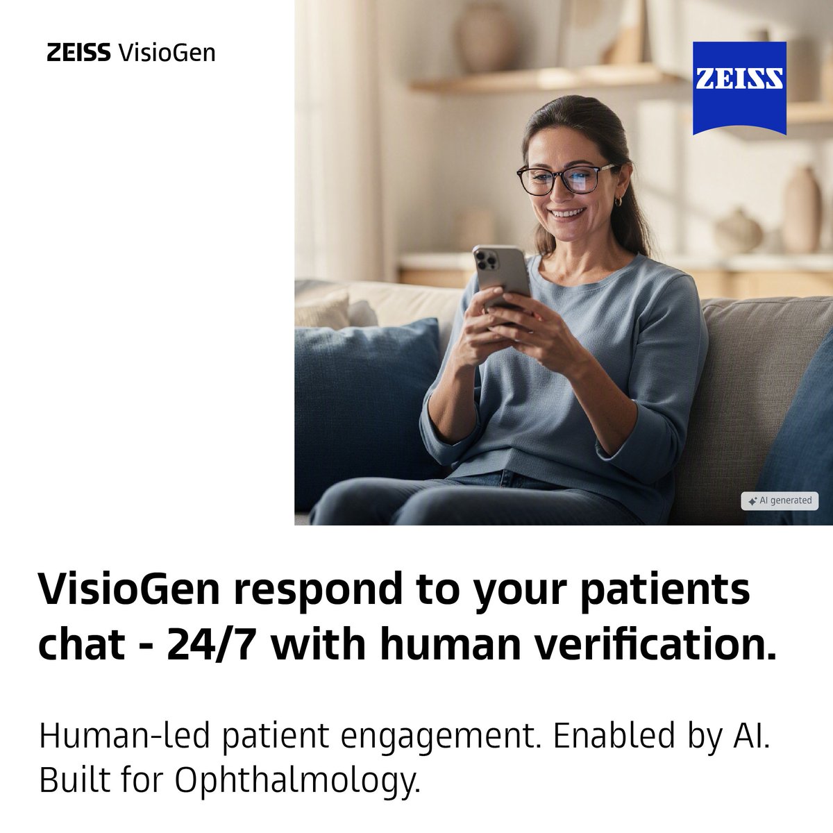 ZEISSVisioGen's tweet photo. The patient is online. Is your practice?

Questions do not follow office hours. Neither should patient engagement.

ZEISS VisioGen delivers 24/7 patient engagement with human verification.

Meet us at AAO 2026 | Booth 3719

See what your practice could be missing: https://t.co/Dc4t27Ez6D

#ZEISSVisioGen #AAO2026 #Ophthalmology #PatientEngagement #AAO2026 #AAO #AI #Uveitis #EyeHealth

*Not all products/services are available in all countries.