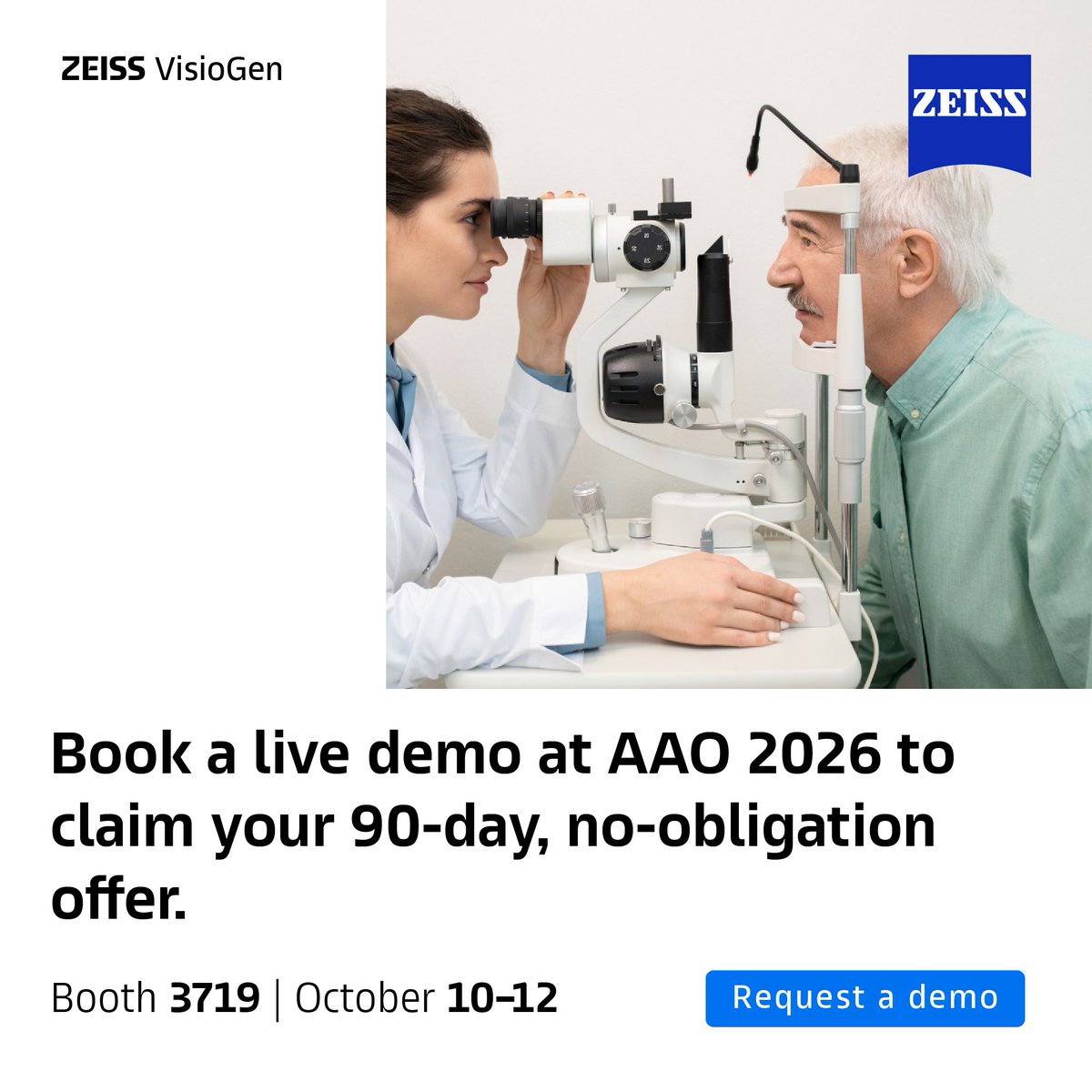 ZEISSVisioGen's tweet photo. The patient is online. Is your practice?

Questions do not follow office hours. Neither should patient engagement.

ZEISS VisioGen delivers 24/7 patient engagement with human verification.

Meet us at AAO 2026 | Booth 3719

See what your practice could be missing: https://t.co/Dc4t27Ez6D

#ZEISSVisioGen #AAO2026 #Ophthalmology #PatientEngagement #AAO2026 #AAO #AI #Uveitis #EyeHealth

*Not all products/services are available in all countries.