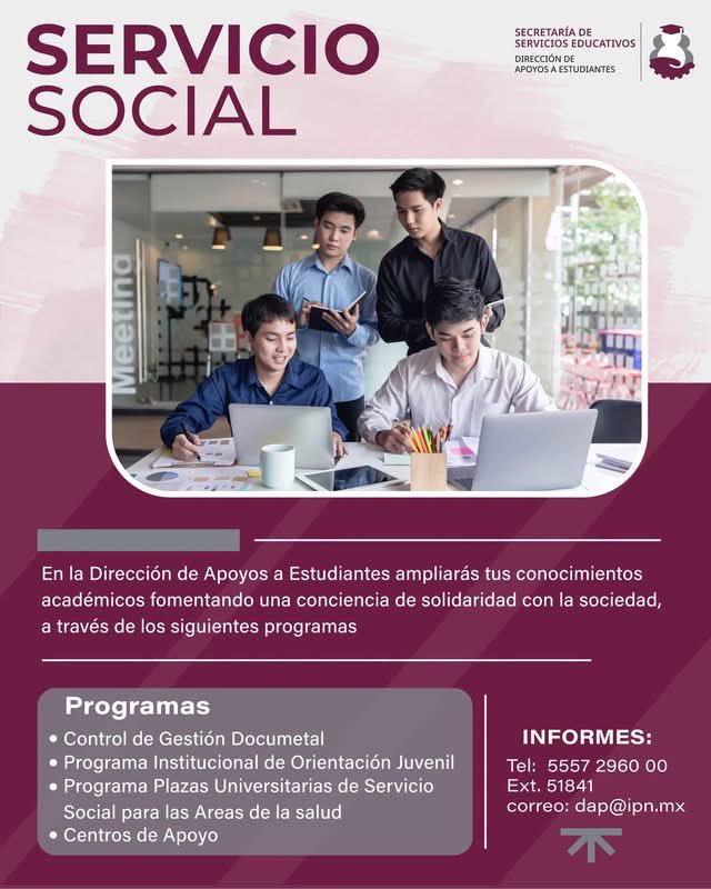 daes_ipn's tweet photo. #ServicioSocial 📚🗂️ | Da el siguiente paso en tu formación profesional 🚀. La DAES te invita a participar en su programa de servicio social con actividades que fortalecerán tus habilidades 📊. Envía tu CV y forma parte.
#DAES #FormaciónProfesional #IPN @sse_ipn https://t.co/CZSaiSiGUX