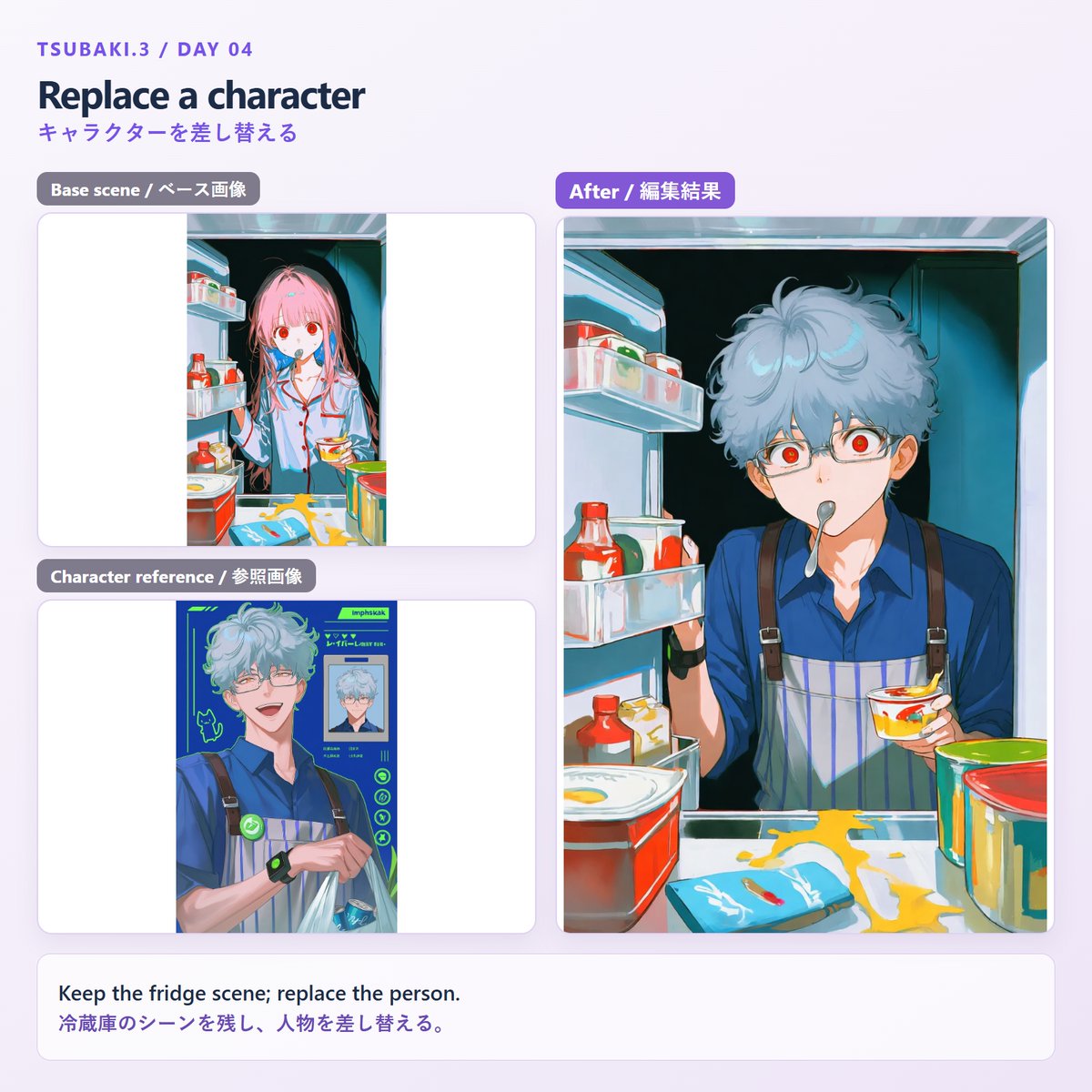 PixAI_Official's tweet photo. 参照画像を使って編集：いちばん難しく、いちばん実用的

コンテキスト内生成の3つのタイプの中で、もっとも難易度が高く、クリエイターが使う機会も多くなりそうなのが「参照画像を使って編集」です。
モデルは、編集のベースとなる画像と、反映したい要素を含む1枚以上の参照画像を同時に参照して、画像を編集します。
ベース画像はそのまま残し、参照画像から反映したい部分だけを変更します。
うまく編集するコツは、それぞれの画像をどう使うかを明確に伝えること。どの画像をベース画像にするのか、どのキャラクターを差し替えるのか、シーンのどこを残すのかを具体的に指定しましょう。