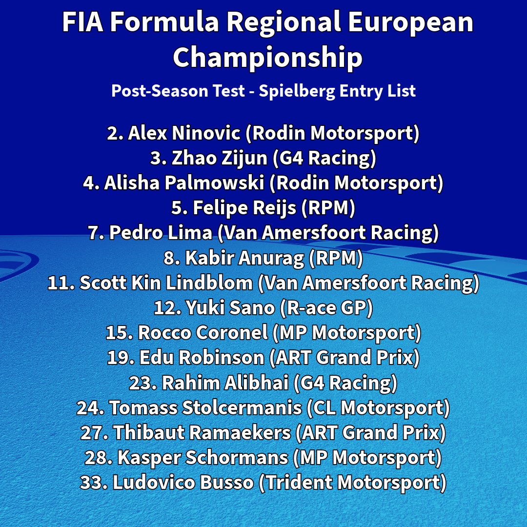 FReview01's tweet photo. 2026 FIA FR EUROPE POST-SEASON TEST ENTRY LIST - SPIELBERG 🇦🇹

Here are the drivers participating across the two-day post-season test at the Red Bull Ring in Austria.

Who are the standout names for you?

#formularegional #frec #redbullring #spielberg #motorsport https://t.co/w8HZZuRX9r