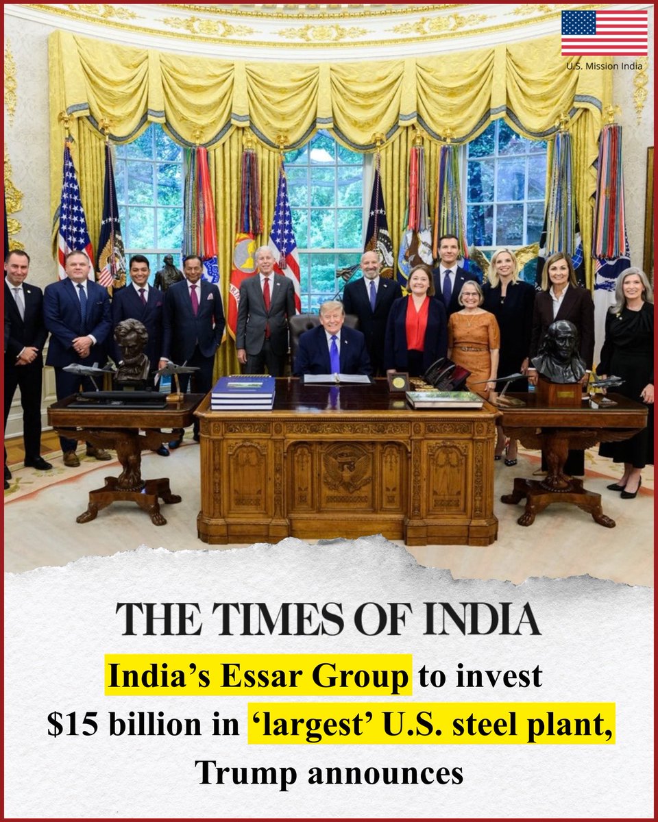 USAndIndia's tweet photo. A historic day for the U.S.-India partnership. 

India’s @Essar Group is investing $15 billion to build the largest steel plant in U.S. history – in Iowa. 10 million tons of steel, annually. 1,750 permanent jobs + 6,000 construction jobs. A landmark investment in our industrial future.