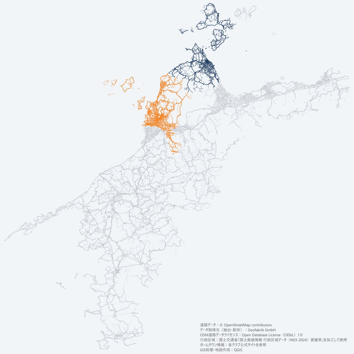 f062jjb's tweet photo. 愛媛県全体

出典：© OpenStreetMap contributors／Geofabrik／国土数値情報 N03-2024／各クラブ公式
#愛媛FC #FC今治 #愛媛県 #QGIS https://t.co/8zBzxYYIWI
