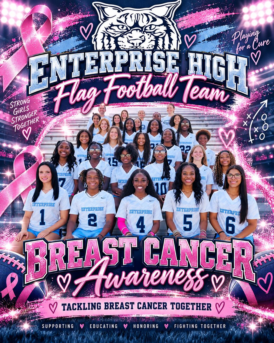 JaniyahBlo7lk's tweet photo. October 1st kicks off Breast Cancer Awareness Month 💗🏈

Enterprise vs. Smiths Station
📍 Wildcat Stadium
⏰ 5:00 PM

Playing with purpose, heart &amp; for every fighter and survivor. 💙💗

#EnterpriseWildcats #BreastCancerAwareness #FlagFootball https://t.co/XVEe7pOvht