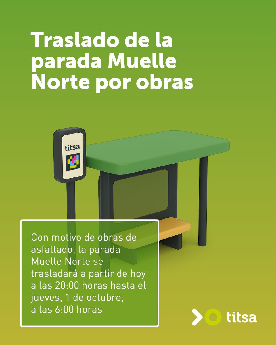 titsa's tweet photo. 📣 AVISO: Con motivo de las obras de asfaltado, la parada Muelle Norte se trasladará en ambos sentidos desde hoy, a las 20:00 horas, hasta el jueves, 1 de octubre, a las 6:00 horas. Esto afectará a las líneas 903, 905, 911 y 923.

Toda la información en https://t.co/uAuFfzClfZ https://t.co/ep0ZPkqldT