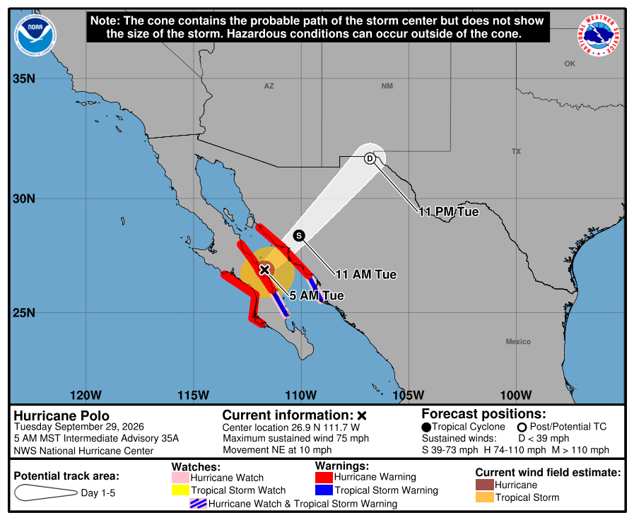 RyanWeather's tweet photo. Here comes Hurricane Polo into Mexico with "34 trillion gallons of rainfall" on the way to the Southwest and Central U.S. 

Polo will be "post tropical" when center crosses over El Paso, Texas but rainfall will be torrential. 🌧️ https://t.co/pBxD1ii46j