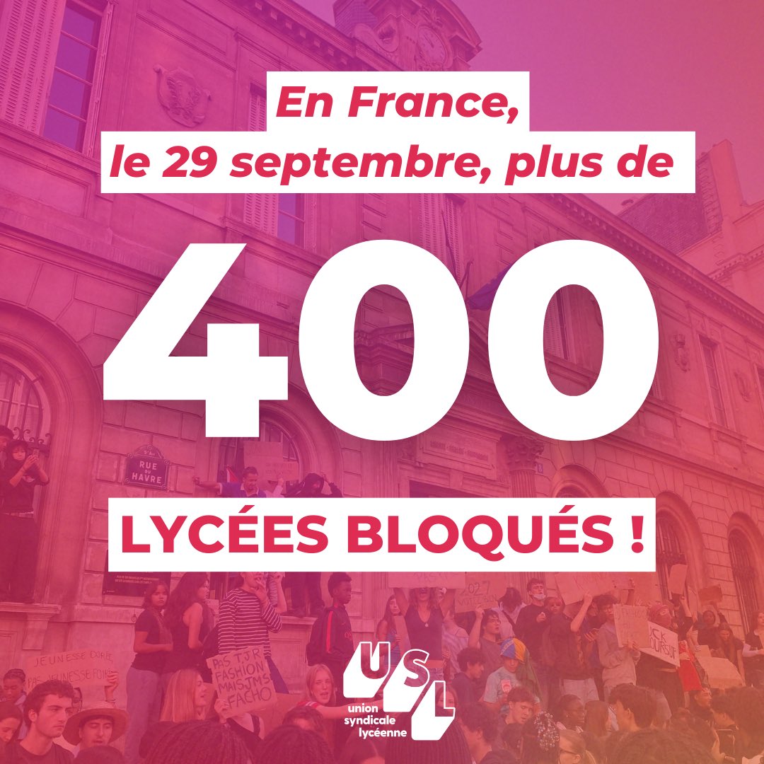 USLSyndicat's tweet photo. Mobilisation historique 🔥✊🏽
400 lycées bloqués 
#lycées #blocus #mobilisation https://t.co/mU5MlgVCxo