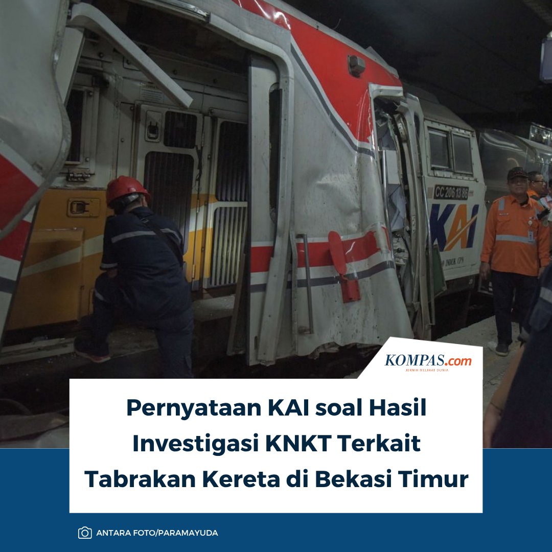kompascom's tweet photo. Baca selengkapnya: https://t.co/jC5piTEm9B

Sebelumnya, KNKT mengungkap hasil investigasi kecelakaan yang melibatkan KA 4B Argo Bromo Anggrek dan KA 5568A Commuter Line di Stasiun Bekasi Timur. Lantas, bagaimana respons KAI?

~MS #KNKT #KAI [2026092918402411] https://t.co/5MNkdPtV85