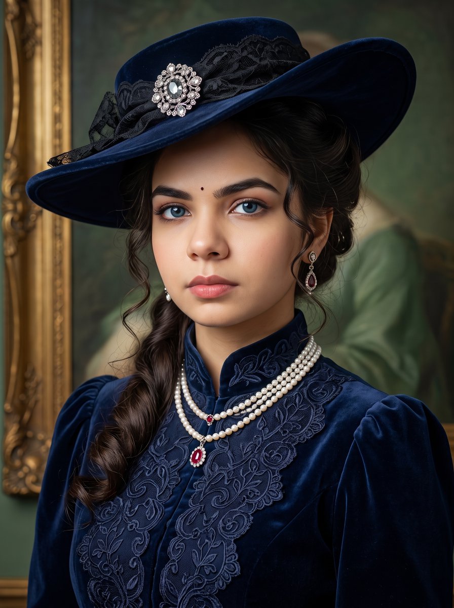 runaroseee's tweet photo. Grace wears pearls and speaks softly

Prompt : A stunning vertical portrait of an elegant young woman with voluminous auburn hair styled in a soft Victorian updo with a loose curled side braid and wispy curls framing her face, wearing a wide-brimmed midnight navy velvet hat trimmed with black lace and a large jeweled silver brooch with a pearl center. She has striking light blue eyes, defined arched brows, flawless porcelain skin, rosy blushed cheeks and soft matte coral-pink lips with a calm, poised gaze. She wears a luxurious layered pearl necklace with a deep red ruby pendant and a hanging pearl drop, along with matching pearl and crystal drop earrings. Her dress is a high-collared midnight blue velvet Victorian gown with intricate navy lace embroidery, a plunging lace-trimmed neckline and softly puffed shoulders. Background of an antique gilded golden frame and a blurred classical oil painting in muted green and teal tones. Victorian aristocratic aesthetic, deep navy, gold and pearl-white palette, soft cinematic lighting, ultra-detailed fabric and jewelry texture, shallow depth of field, 8k, photorealistic