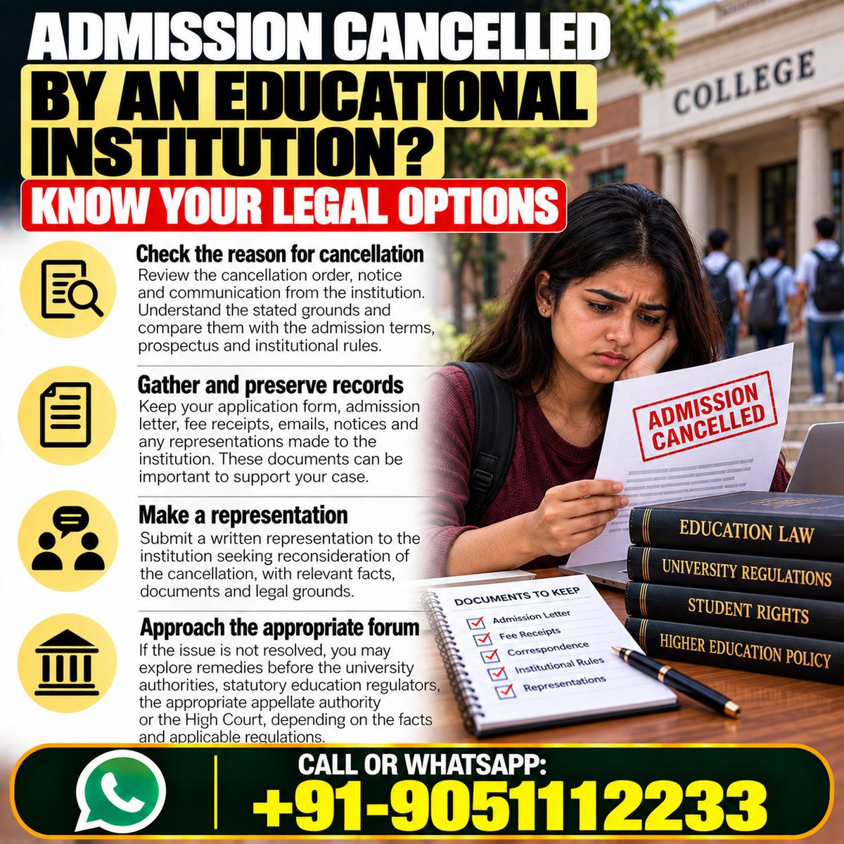 drakmphd's tweet photo. Can a student challenge cancellation of admission by an educational institution? 
Call or WhatsApp: +91-9051112233 
#EducationLaw #StudentRights #EducationDispute https://t.co/N6N0VNQQYR