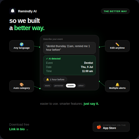 RemindlyAI_app's tweet photo. Your brain has too many tabs open 🧠, the usual app turns one reminder into a five step journey, so we built something that just listens. Download free ✨ link in bio
#RemindlyAI #MentalLoad #TooManyTabs #BetterApp #JustSayIt https://t.co/jTpj9iaq6m