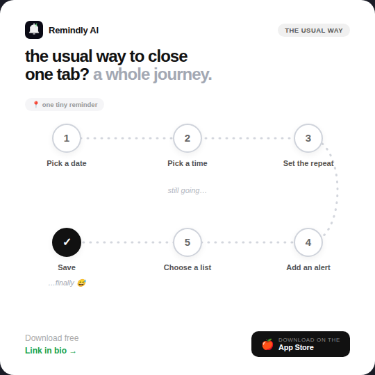 RemindlyAI_app's tweet photo. Your brain has too many tabs open 🧠, the usual app turns one reminder into a five step journey, so we built something that just listens. Download free ✨ link in bio
#RemindlyAI #MentalLoad #TooManyTabs #BetterApp #JustSayIt https://t.co/jTpj9iaq6m