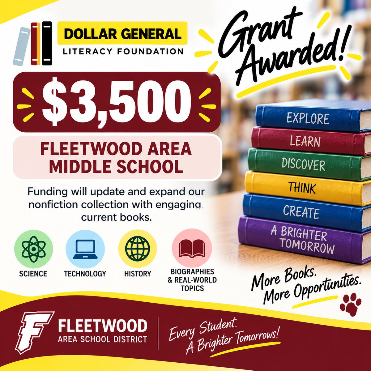 FASDTigers's tweet photo. 📚 Fleetwood Area Middle School received a $3,500 Dollar General Literacy Foundation grant to expand its nonfiction collection with engaging, current books! 📖✨ https://t.co/XZQgY8CHp6