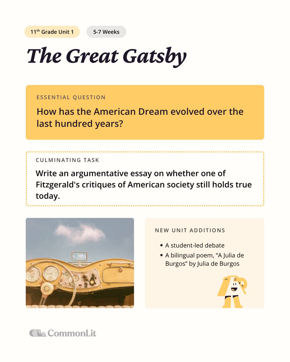 CommonLit's tweet photo. CommonLit 360 is our full-year ELA curriculum for grades 6-12, and four updated Edition 2.0 units for 11th and 12th grade are now live. 🚀

Check out what's new in our The Great Gatsby, The Social Contract, Writing Your Story, and Frankenstein units. https://t.co/nIMZalZkrY https://t.co/yDEK9iStks