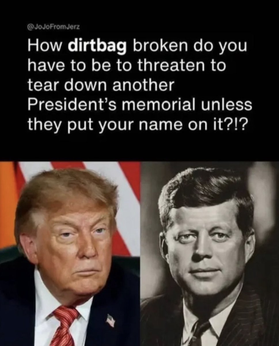 TheDemCoalition's tweet photo. When you stop and think about it, this is honestly one of the more sociopathic things this man has done - and that's saying something.

This is a beloved memorial to a slain American president and this bag of human garbage malignant narcissist will tear it down if we don't add his dirty name to it.

Just stop and think about that for a moment.

#ResistTrump