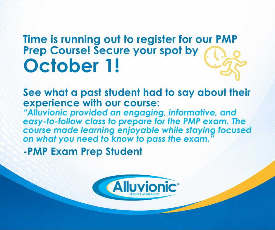 Alluvionic's tweet photo. Looking to earn your PMP? Join our PMP Exam Prep Course!

Last Chance to Register!

Registration closes October 1!

For more details click here: https://t.co/cqVbAUtLmK

#Alluvionic #PMP #ProjectManagement #PMPExam https://t.co/Faku2RvdkB