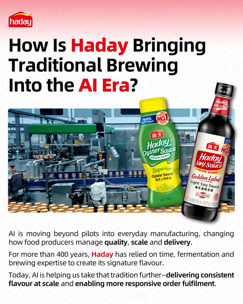 hadayofficial's tweet photo. What happens when a traditional industry meets AI?
At Haday, AI helps accumulated expertise move faster—from R&D and manufacturing to logistics, sales and everyday work.
Swipe through to see what’s next — and let’s discuss your flavour, quality and production needs.

#Haday #ArtificialIntelligence #SmartManufacturing #FoodTechnology #DigitalTransformation