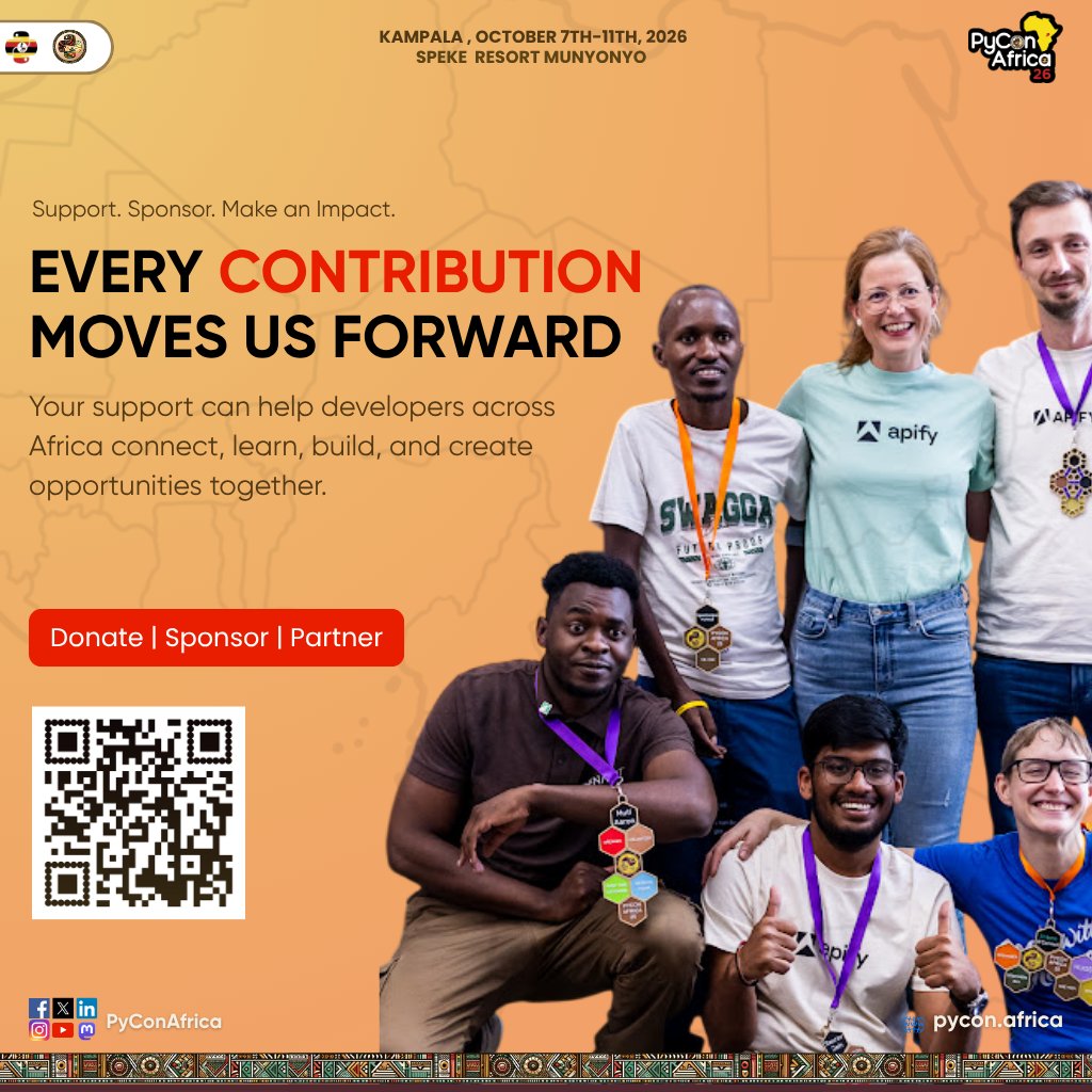 pyconafrica's tweet photo. Help us bring PyCon Africa 2026 to life!

From students and developers to educators and community builders, PyCon Africa creates space for people across the continent to connect.

Donate. Sponsor. Partner.

Every contribution moves us forward.

#PyConAfrica #Python #Africa https://t.co/va9VQ7Suzr