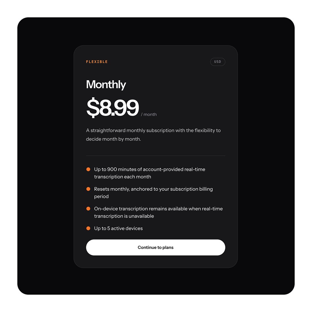 voiceavel's tweet photo. One plan. Two ways to pay. Zero hassle.

Meet Voiceavel Pro — everything you need, without the pricing maze.

Choose monthly or annual billing.
Get the same real-time experience.
Use it across up to 5 active devices.

Simple choice. Full Pro.

https://t.co/P1sHBUwssV https://t.co/RUQO07su0f