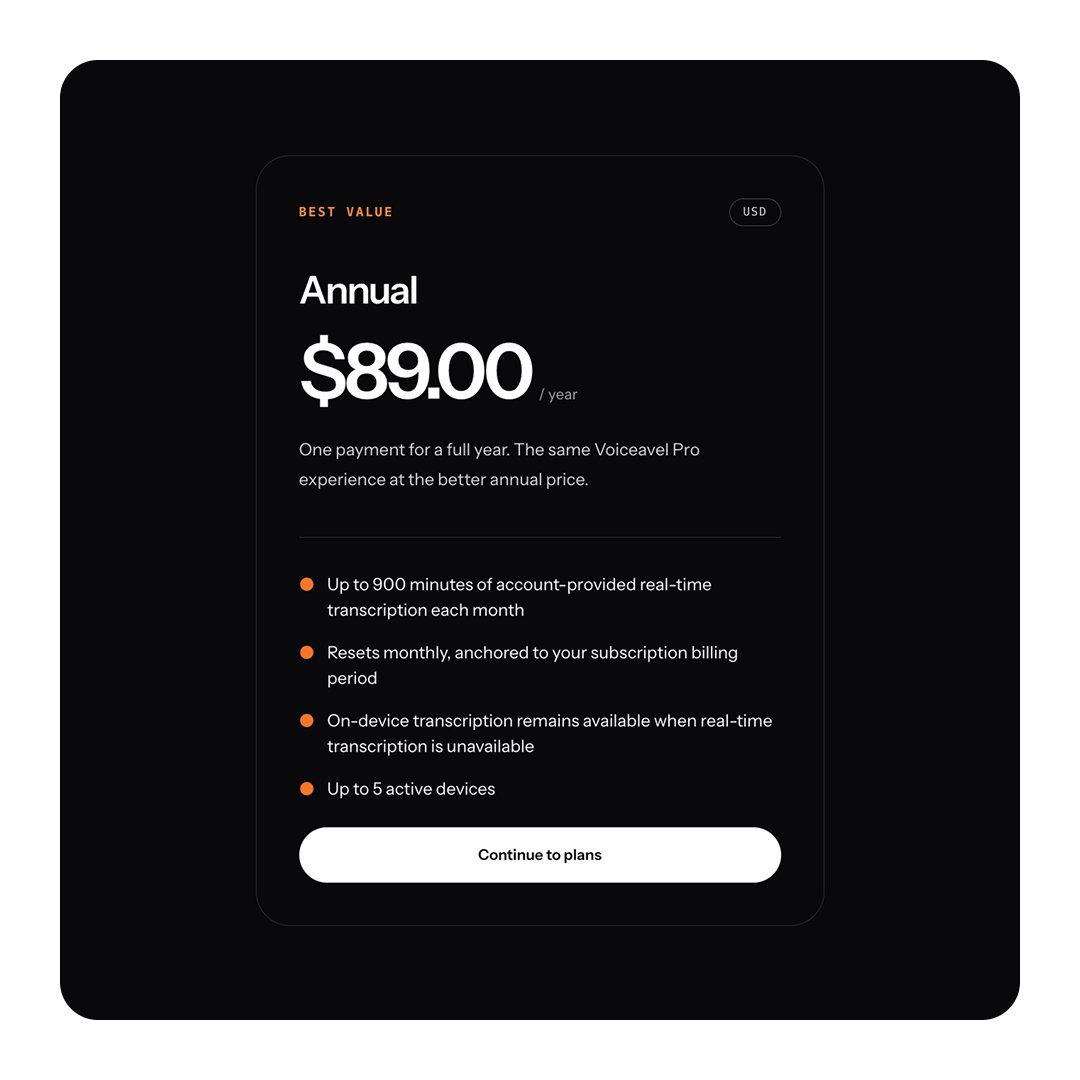 voiceavel's tweet photo. One plan. Two ways to pay. Zero hassle.

Meet Voiceavel Pro — everything you need, without the pricing maze.

Choose monthly or annual billing.
Get the same real-time experience.
Use it across up to 5 active devices.

Simple choice. Full Pro.

https://t.co/P1sHBUwssV https://t.co/RUQO07su0f