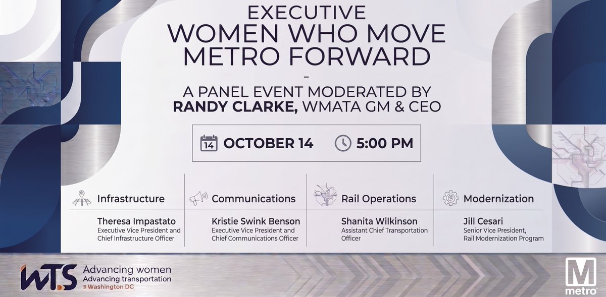 wtsdcchapter's tweet photo. Meet the women moving Metro forward! 🚇

Hear from WMATA leaders Theresa Impastato, Kristie Swink Benson, Shanita Wilkinson and Jill Cesari, moderated by Randy Clarke.

📅 Oct. 14 | 5–8 p.m.

Register: https://t.co/sHCd8kShBA https://t.co/FdxVaVZ5Dx