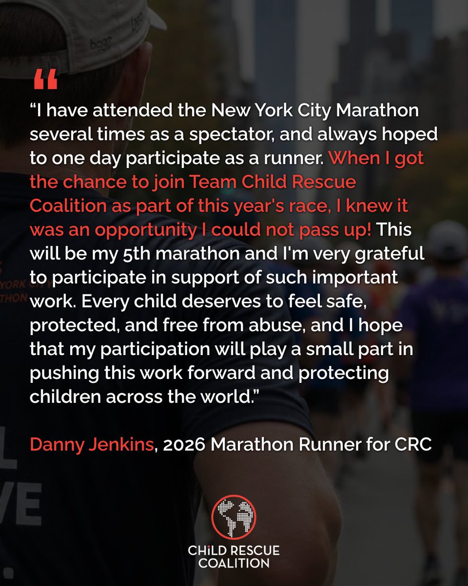 ChildRescueCo's tweet photo. For years, Danny Jenkins has watched the @nycmarathon from the sidelines. But this year, as his 5th marathon, Danny will run the NYC Marathon as a member of Team Child Rescue Coalition. 
We are incredibly grateful. ❤️ Support Danny’s NYC Marathon journey:
https://t.co/iwzpU4Iwyb https://t.co/6yO4SJlMhI